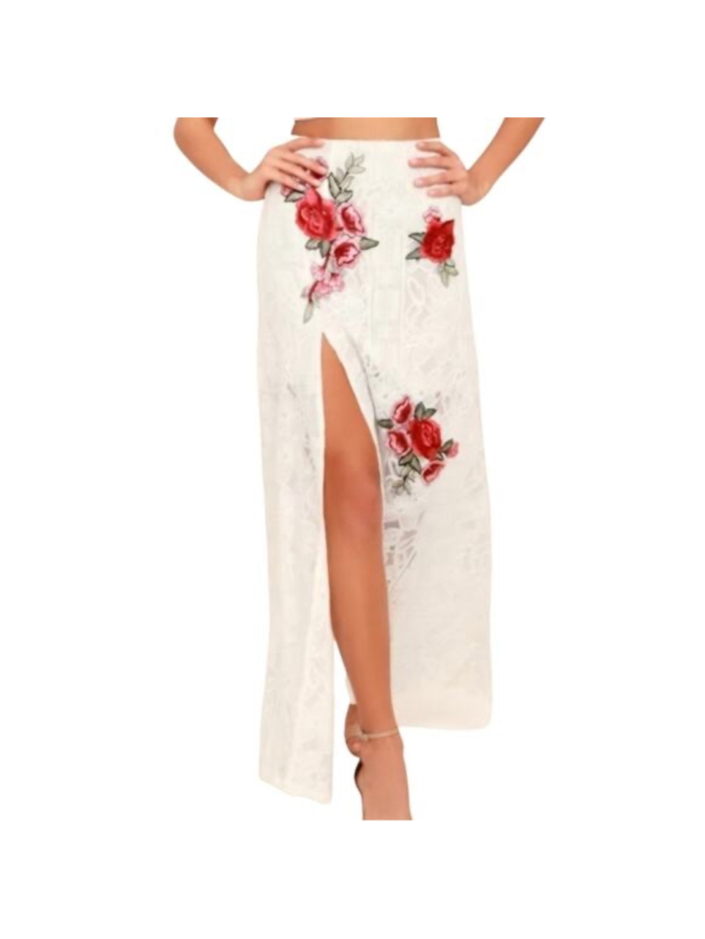 Crystal Doll White Floral Lace Slit Maxi Skirt Size 9 NWT